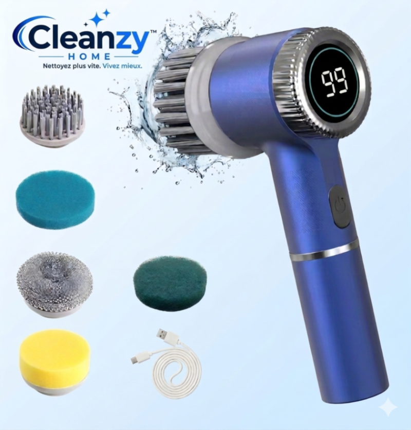 Cleanzy™ – Brosse électrique de nettoyage sans effort à rotation, avec 5 têtes de brosse remplaçables. Epurateur de douche Rechargeable à main réglable à trois vitesses
