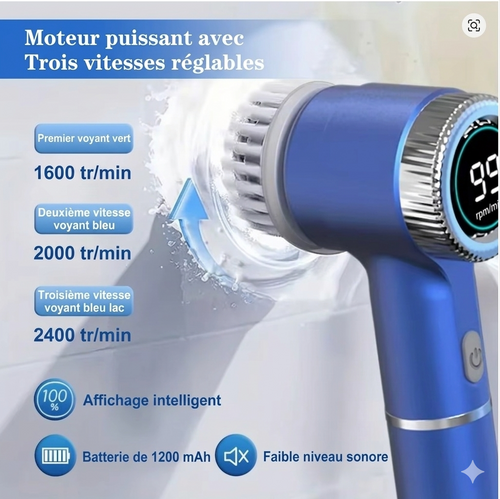 Cleanzy™ – Brosse électrique de nettoyage sans effort à rotation, avec 5 têtes de brosse remplaçables. Epurateur de douche Rechargeable à main réglable à trois vitesses