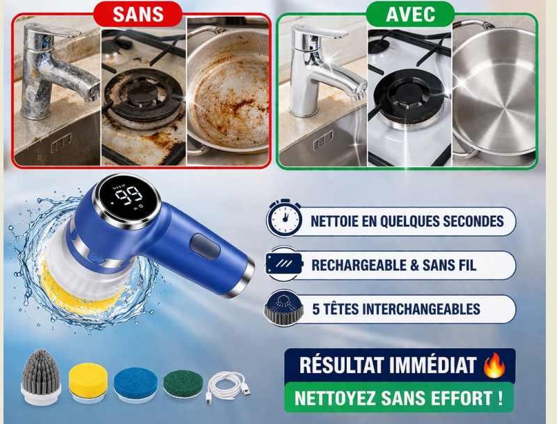 Cleanzy™ – Brosse électrique de nettoyage sans effort à rotation, avec 5 têtes de brosse remplaçables. Epurateur de douche Rechargeable à main réglable à trois vitesses