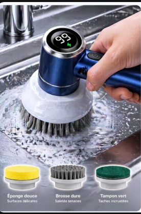 Cleanzy™ – Brosse électrique de nettoyage sans effort à rotation, avec 5 têtes de brosse remplaçables. Epurateur de douche Rechargeable à main réglable à trois vitesses